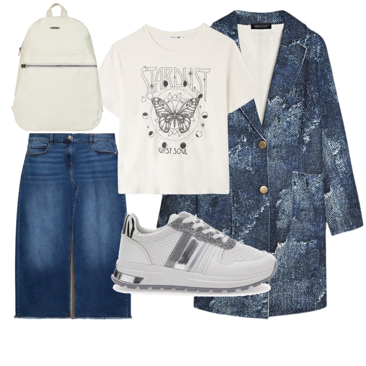 Outfit donna - Passeggiata in centro. Stile Casual per Tutti i giorni. Abbinamento con t-shirt, zaini, sneakers, cappotti, gonne lunghe.