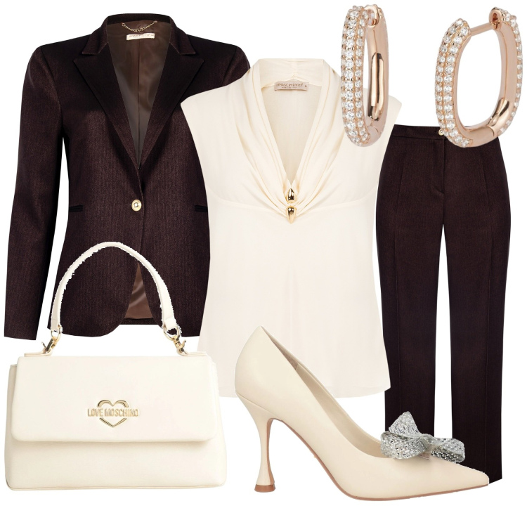 Outfit donna - Convegni di primavera. Stile Chic per Ufficio. Abbinamento con décolleté, borse a mano, orecchini, pantaloni, blazer, bluse.