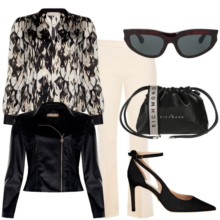 Outfit donna - Madrina furbina. Stile Trendy per Cerimonia. Abbinamento con borse a tracolla, occhiali da sole, pantaloni a palazzo, giacche, bluse, décolleté.