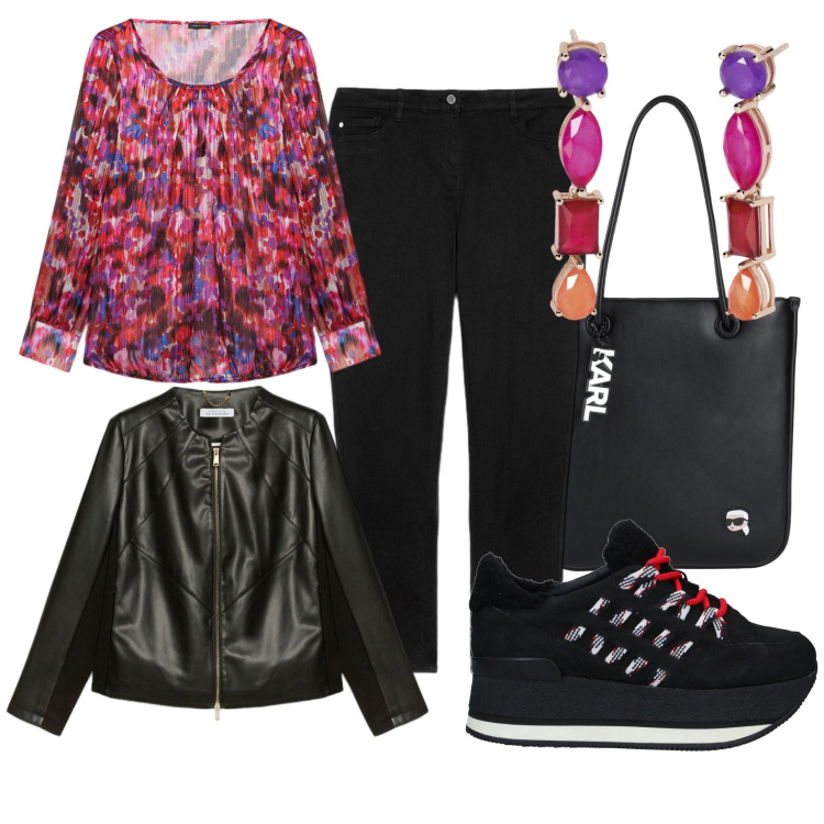 Outfit donna - Pomeriggi in giro. Stile Casual per Tutti i giorni. Abbinamento con sneakers, borse a spalla, orecchini, bluse, blazer, jeans skinny.