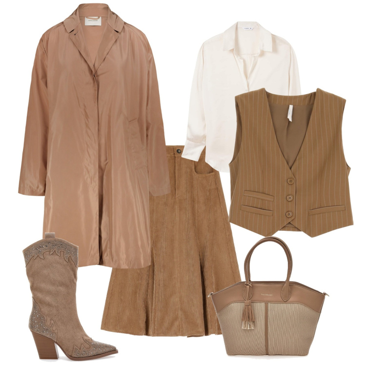 Outfit donna - Total look #2079355. Stile Sporty chic per Ufficio. Abbinamento con camicie, gilet, gonne longuette, stivali, trench, borse tote.