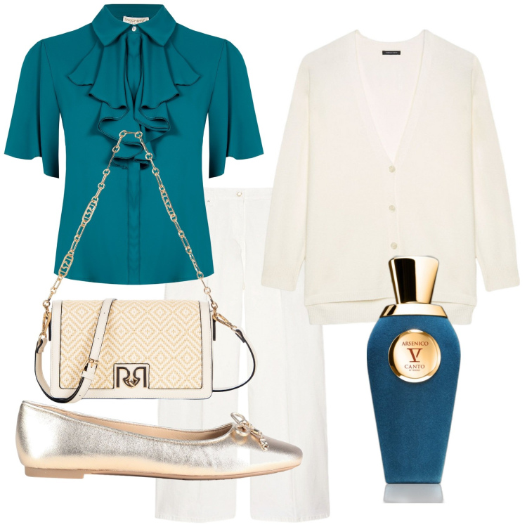 Outfit donna - Aperitivo domenicale. Stile Bon Ton per Tutti i giorni. Abbinamento con ballerine, profumi, bluse, borse a spalla, cardigans, jeans.