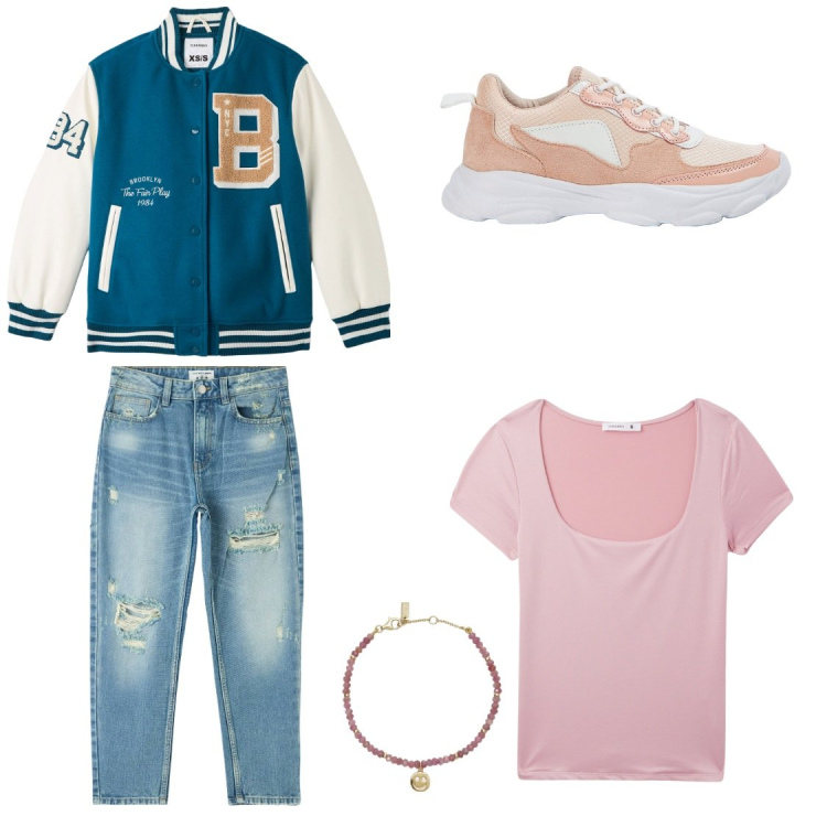 Outfit donna - Rosa. Stile Casual per Scuola/Università. Abbinamento con jeans mom, t-shirt, sneakers, bomber, braccialetti.