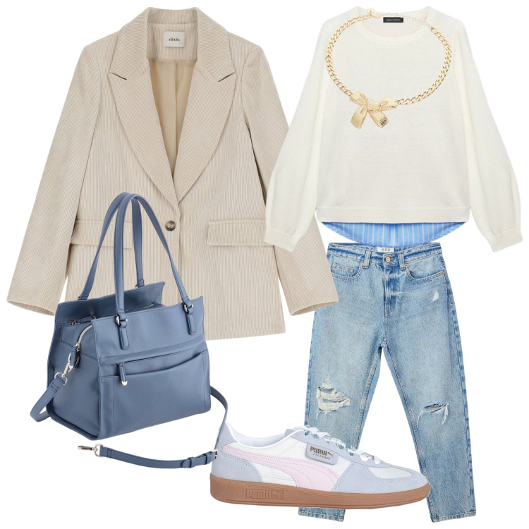 Outfit donna - Accenni di primavera. Stile Casual chic per Tutti i giorni. Abbinamento con sneakers, jeans mom, collane, blazer, maglieria, shopping bag.
