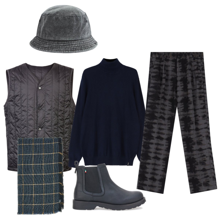 Outfit uomo - Con gli amici. Stile Casual per Tutti i giorni. Abbinamento con cappelli, pantaloni, maglieria, piumini, stivali e stivaletti, sciarpe.