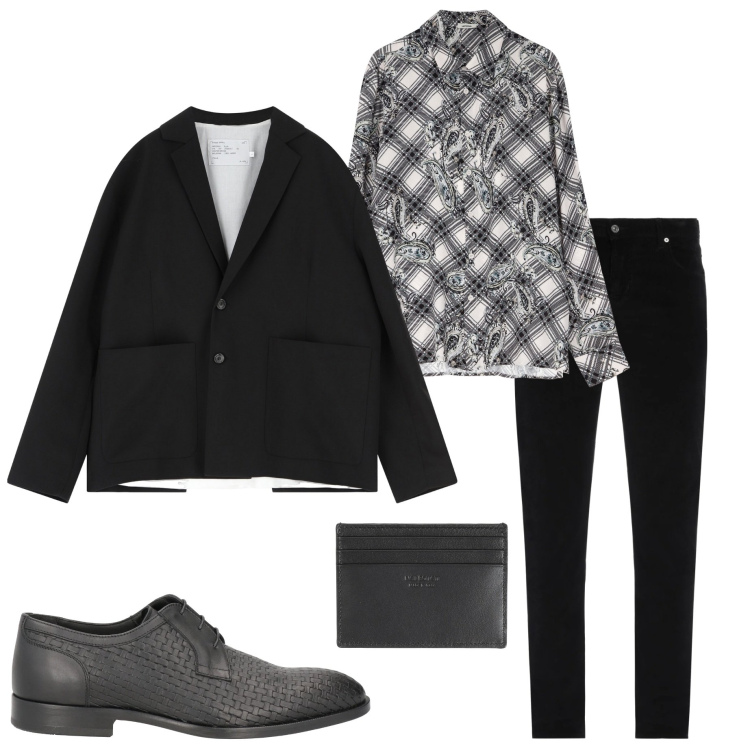 Outfit uomo - Festa di compleanno. Stile Trendy per Serata speciale. Abbinamento con pantaloni, portafogli, scarpe stringate, camicie, giacche.