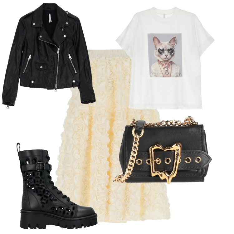 Outfit donna - Delicatamente rock. Stile Glamour per Tutti i giorni. Abbinamento con borse a tracolla, stivaletti, t-shirt, giacche, gonne.