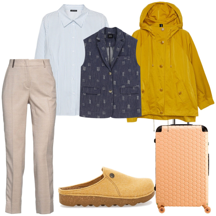 Outfit donna - Partenza pronti. per Tutti i giorni. Abbinamento con pantaloni, gilet, pantofole, camicie, blazer, valigie.