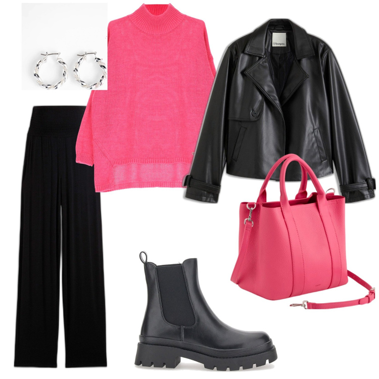 Outfit donna - Il colore rosa. per Serata fuori. Abbinamento con orecchini, trench, pantaloni, maglieria, stivaletti chelsea, borse a mano.