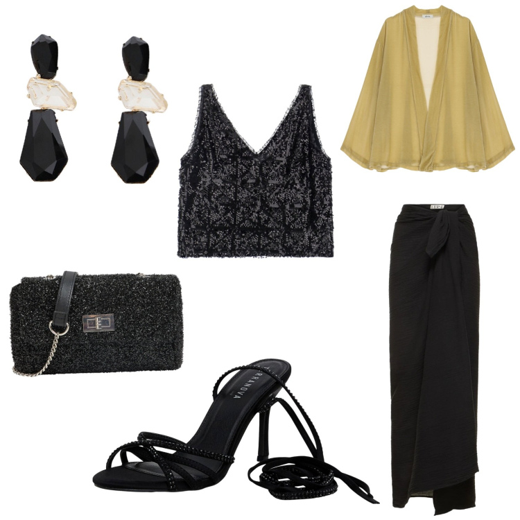 Outfit donna - Cena Time. Stile Chic look ideale per Petite. Abbinamento con top, blazer, orecchini, sandali alla schiava, borse a tracolla, gonne.