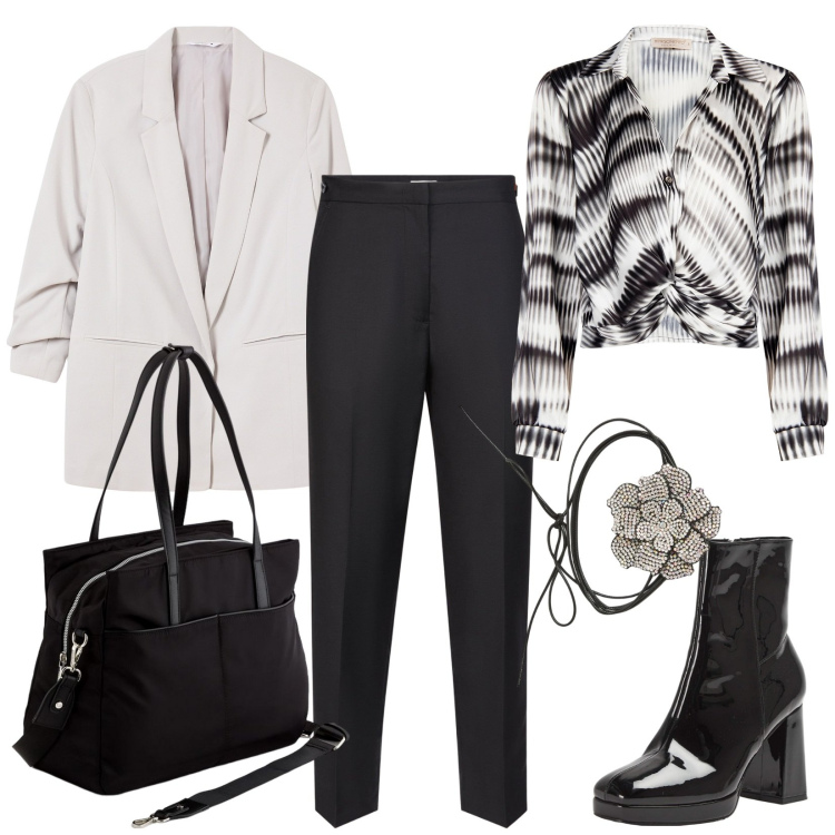 Outfit donna - Classico black & white. Stile Casual chic per Tutti i giorni. Abbinamento con blazer, collane, stivaletti, bluse, pantaloni, borse a mano.