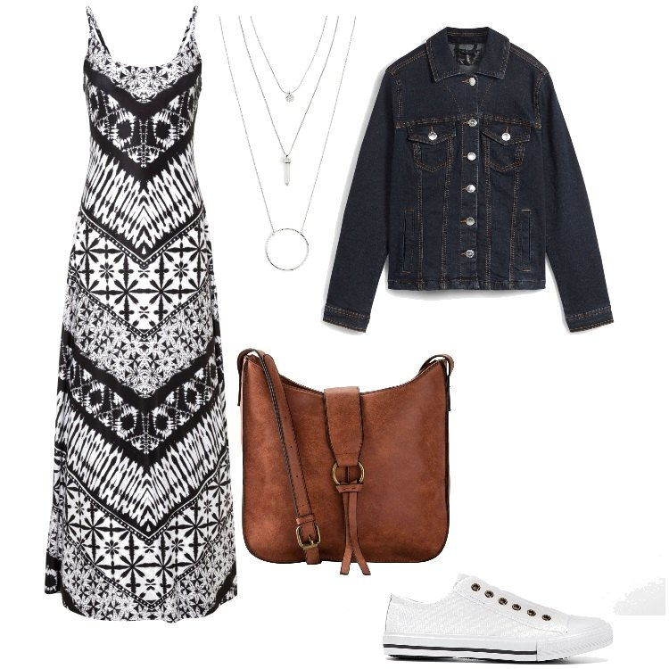 Outfit donna - Abito lungo a fantasia. Stile Trendy per Tutti i giorni. Abbinamento con vestiti lunghi, borse a tracolla, blazer, ciondoli, sneakers.