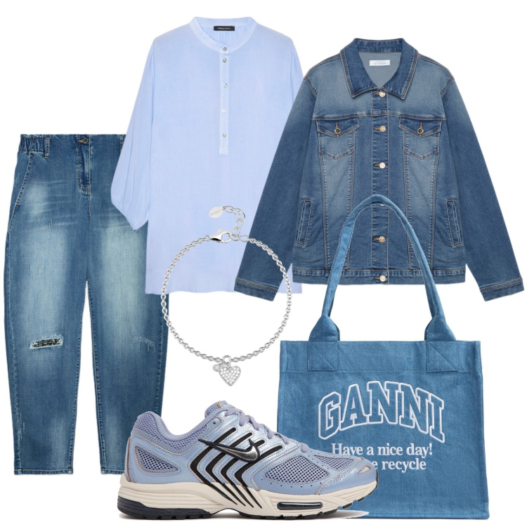 Outfit donna - Denim senza tempo. Stile Trendy per Tutti i giorni. Abbinamento con braccialetti con ciondoli, jeans dritti, blazer, bluse, sneakers, shopping bag.