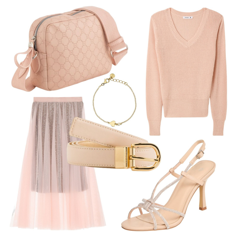 Outfit donna - Eternamente rosa. Stile Bon Ton per Serata fuori. Abbinamento con maglieria, sandali col tacco, braccialetti, gonne lunghe, cinture, borse a tracolla.