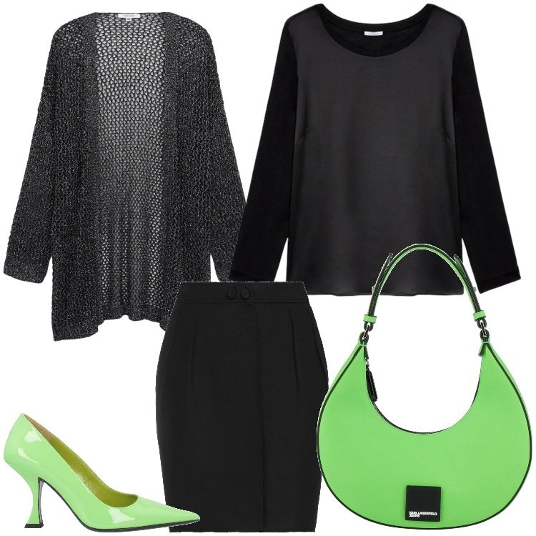 Outfit donna - Quel verde che amo. Stile Chic per Serata fuori. Abbinamento con minigonne, décolleté, borse a mano, kimono, t-shirt.