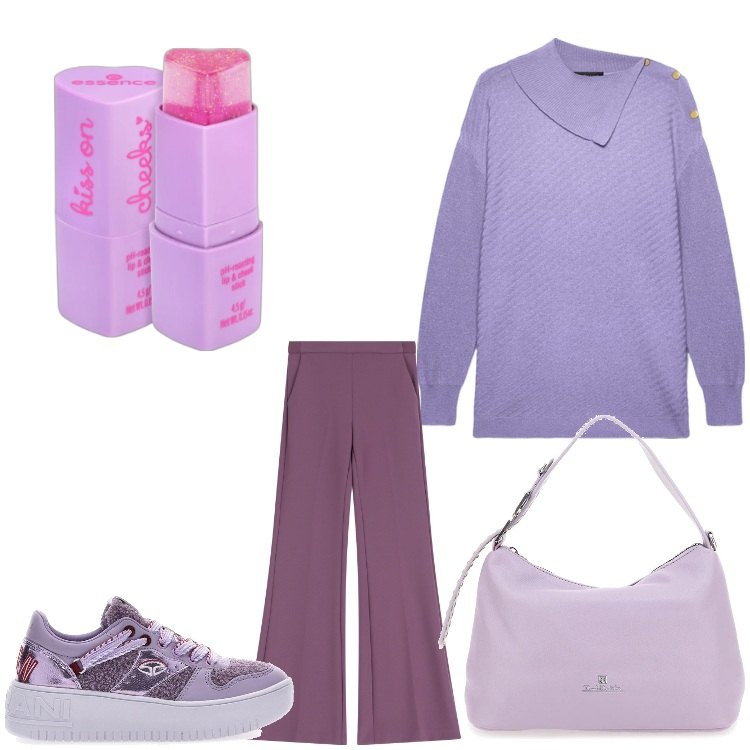 Outfit donna - In giro per commissioni. Stile Basic per Tutti i giorni. Abbinamento con rossetti, pantaloni, sneakers, maglieria, borse a tracolla.