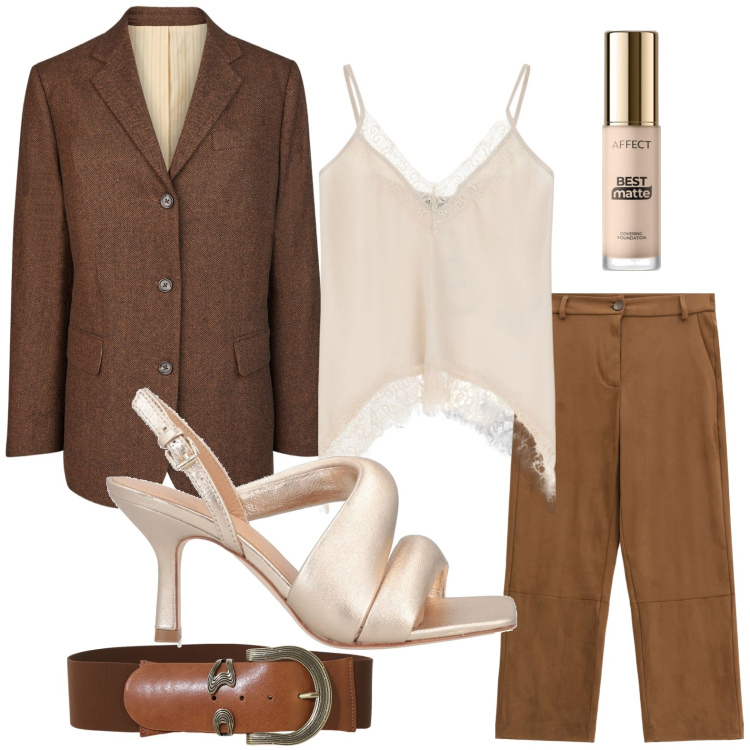 Outfit donna - Mocha elegante. Stile Chic per Serata fuori. Abbinamento con sandali in pelle, fondotinta, pantaloni, top, cinture, blazer.