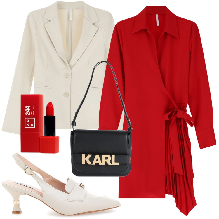 Outfit donna - Vestito rosso asimmetrico. Stile Chic per Serata fuori. Abbinamento con borse a mano, rossetti, blazer, vestiti corti, décolleté.
