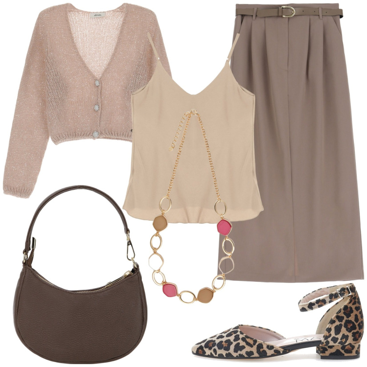 Outfit donna - In ufficio con stile. Stile Basic per Ufficio. Abbinamento con gonne lunghe, borse a spalla, canottiere, cardigans, collane, ballerine.
