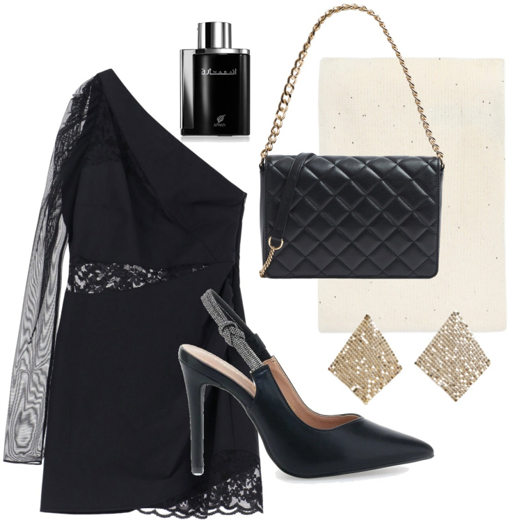 Outfit donna - Monospalla e pizzo. Stile Chic per Serata fuori. Abbinamento con profumi, borse a tracolla, orecchini, vestiti asimmetrici, décolleté, sciarpe.