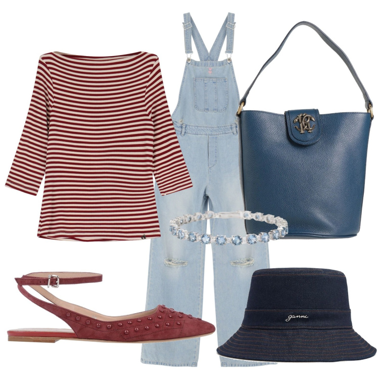 Outfit donna - Bentornata salopette. Stile Casual per Tutti i giorni. Abbinamento con ballerine, borse a mano, braccialetti, salopette, t-shirt, cappelli.