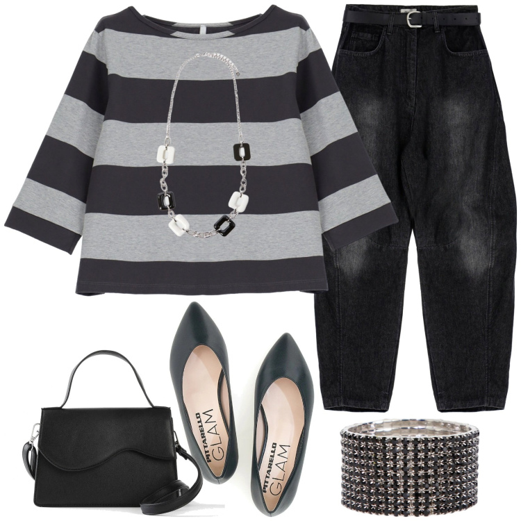 Outfit donna - Le maxi righe. Stile Urban per Tutti i giorni. Abbinamento con borse a tracolla, maglieria, jeans, braccialetti, ballerine, collane.