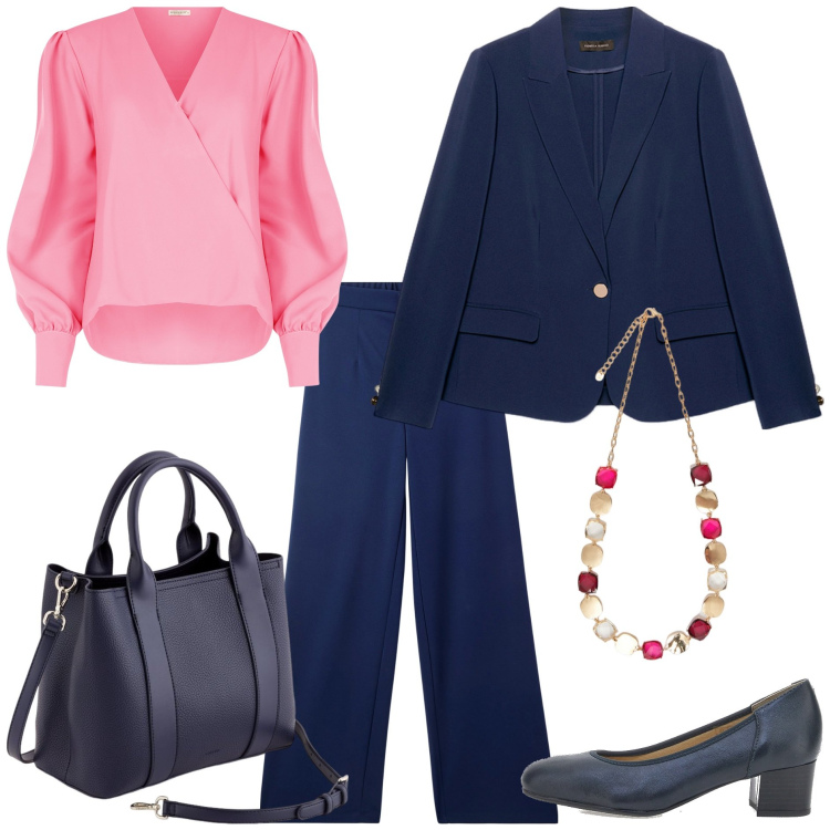 Outfit donna - Bluse fluide e romantiche. Stile Chic per Tutti i giorni. Abbinamento con pantaloni, bluse, décolleté, collane, borse a mano, blazer.