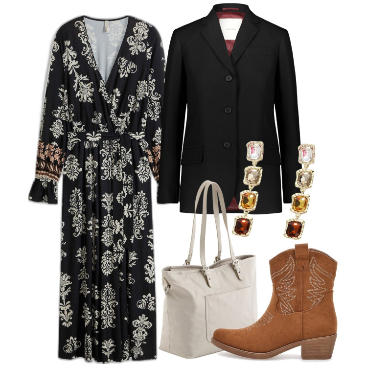 Outfit donna - 8 marzo - Saffo. Stile Chic per Tutti i giorni. Abbinamento con vestiti midi/longuette, orecchini, blazer, stivaletti texani, shopping bag.