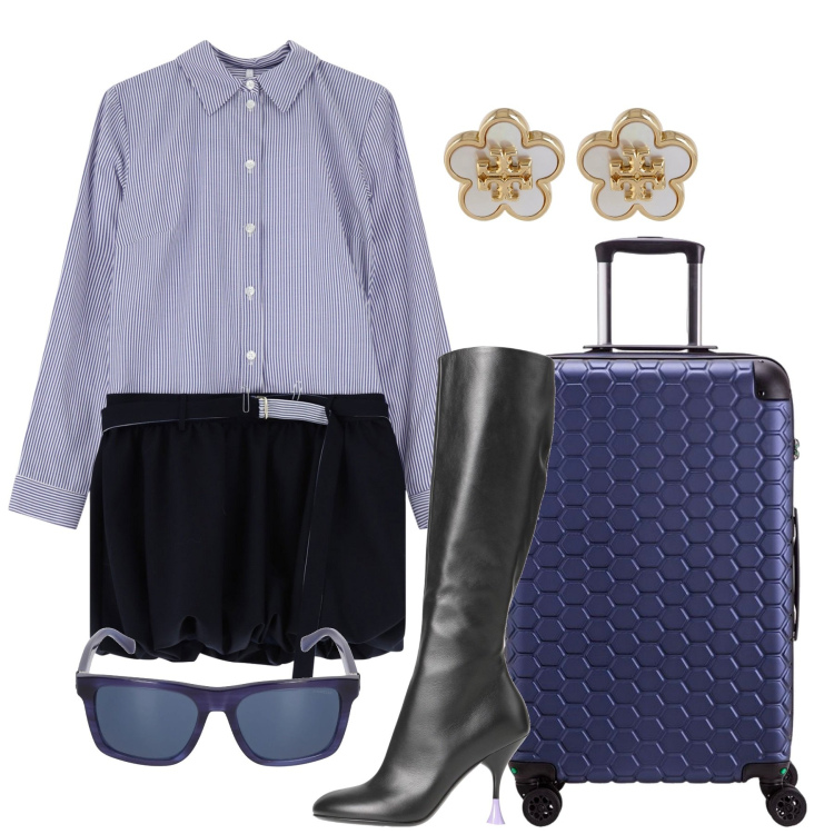 Outfit donna - Un viaggio. Stile Chic per Tutti i giorni. Abbinamento con stivali, vestiti corti, occhiali da sole, orecchini, valigie.