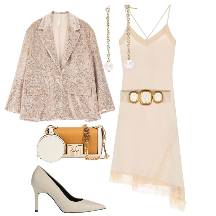 Outfit donna - Blazer. Stile Boho per Cerimonia. Abbinamento con décolleté, orecchini, cinture, pochette, blazer, vestiti asimmetrici.