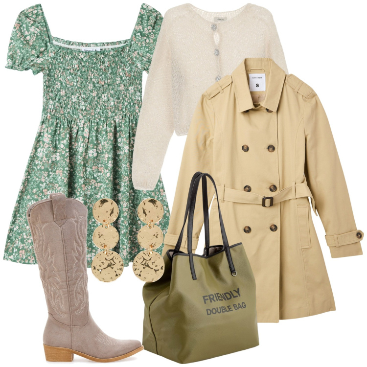 Outfit donna - Usciamo dall\'inverno. Stile Romantica per Tutti i giorni. Abbinamento con vestiti corti, trench, cardigans, stivali, shopping bag, orecchini.
