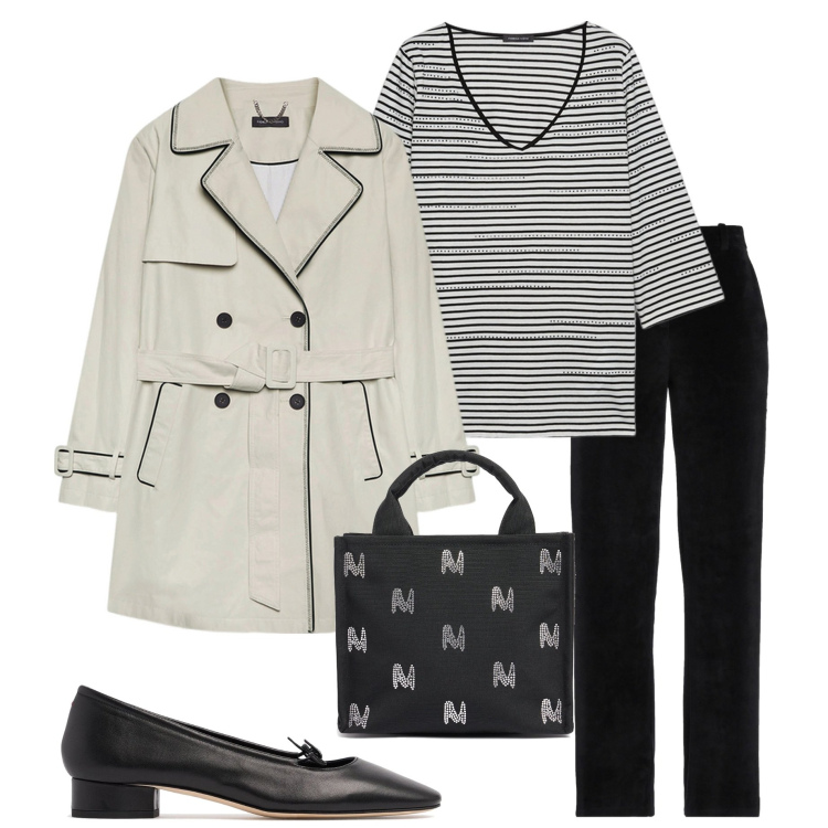Outfit donna - Sporty chic. Stile Sporty chic per Ufficio. Abbinamento con pantaloni, t-shirt, shopping bag, trench, ballerine.