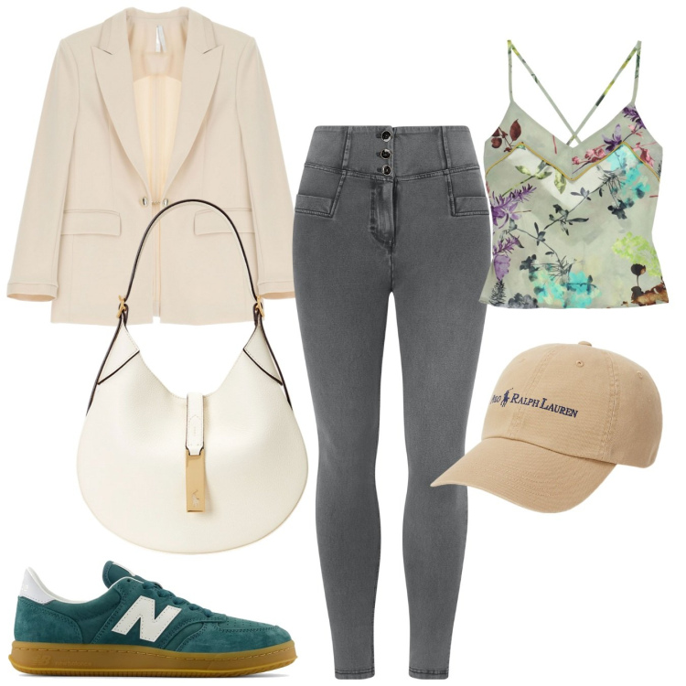 Outfit donna - Slim. Stile Casual chic per Tutti i giorni. Abbinamento con sneakers, blazer, jeggings, canottiere, borse a spalla, cappelli.