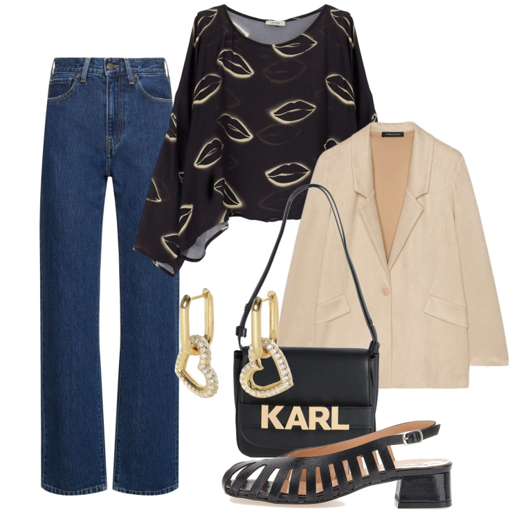 Outfit donna - Baci e cuori. Stile Casual chic per Serata fuori. Abbinamento con borse a mano, orecchini, camicie, décolleté, blazer, jeans dritti.