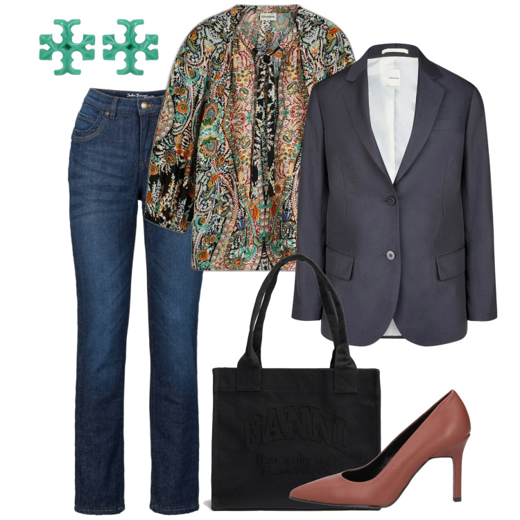 Outfit donna - La blusa etnica. Stile Casual chic per Tutti i giorni. Abbinamento con bluse, jeans dritti, décolleté, orecchini, blazer, shopping bag.