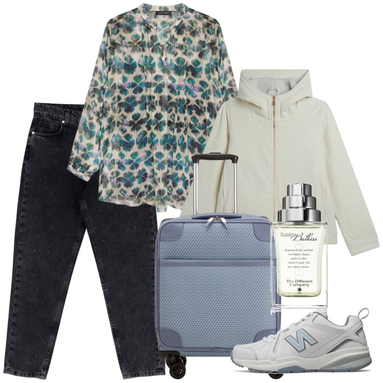 Outfit donna - Marzo weekend. Stile Casual per Tutti i giorni. Abbinamento con profumi, sneakers, jeans, blazer, bluse, valigie.