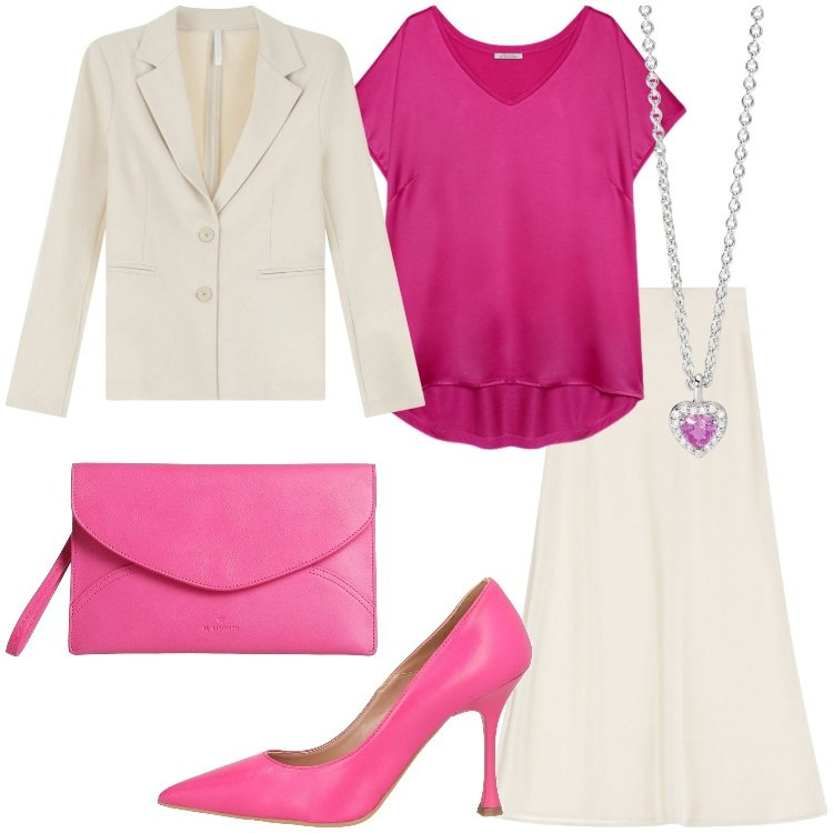 Outfit donna - Gonne midi per la primavera Curvy Style. Stile Chic per Serata fuori. Abbinamento con décolleté, borse a mano, ciondoli, blazer, gonne lunghe, t-shirt.