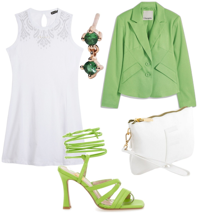 Outfit donna - Colori freschi. per Serata fuori. Abbinamento con blazer, orecchini, vestiti midi/longuette, sandali col tacco, pochette.