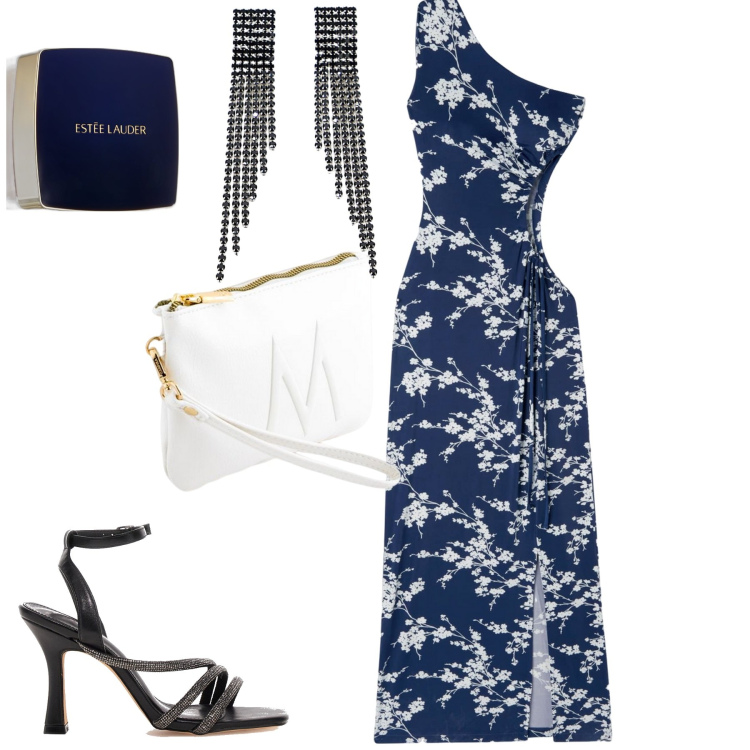 Outfit donna - Serata. Stile Trendy per Serata fuori. Abbinamento con fondotinta, vestiti asimmetrici, orecchini, sandali col tacco, pochette.