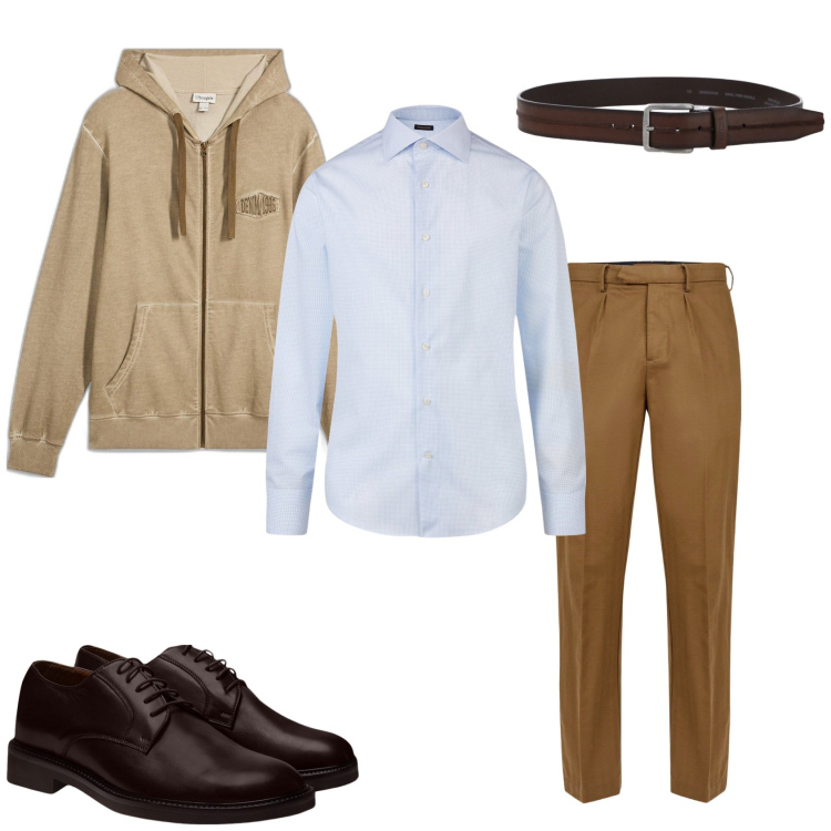 Outfit uomo - La camicia con la felpa. Stile Trendy per Tutti i giorni. Abbinamento con felpe con cappuccio, cinture, pantaloni, scarpe stringate, camicie.