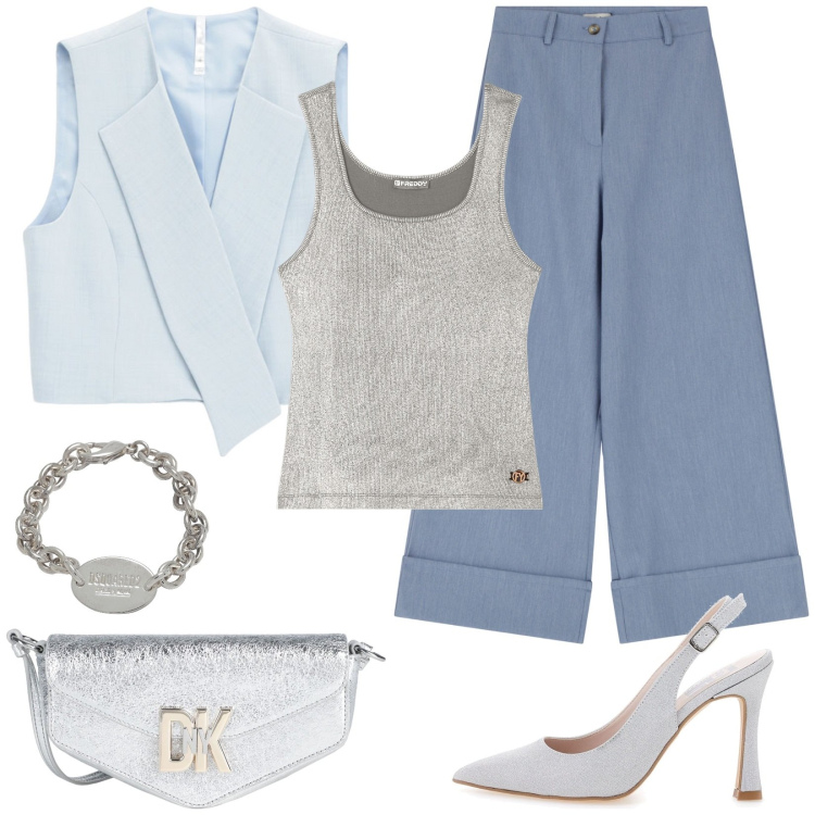 Outfit donna - Grigio e azzurro. Stile Casual chic per Cerimonia. Abbinamento con braccialetti, borse a tracolla, gilet, canottiere, pantaloni a palazzo, décolleté.
