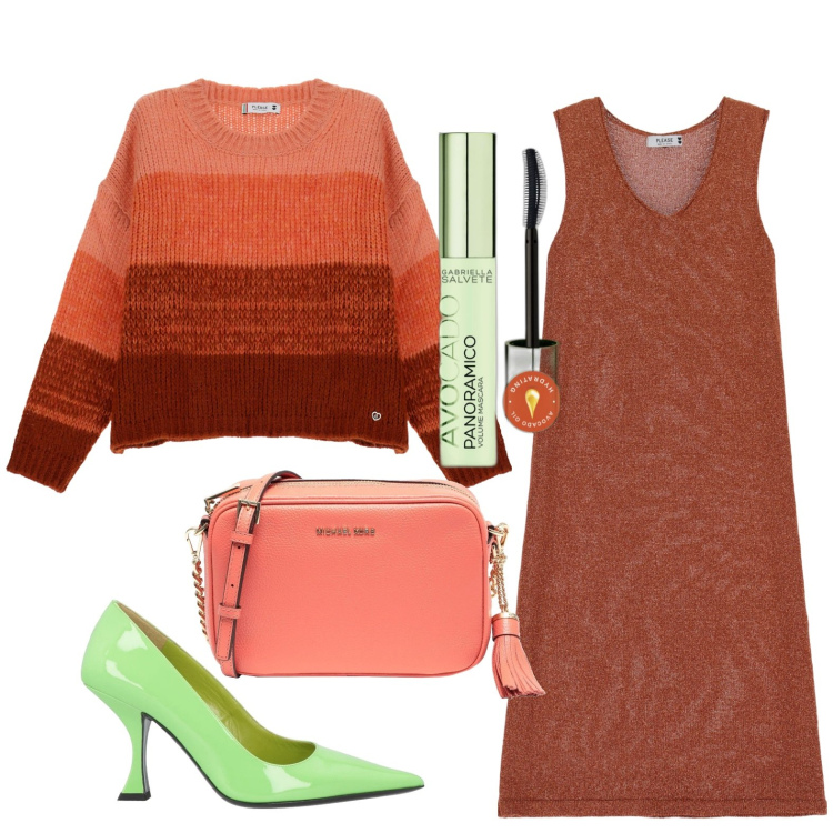 Outfit donna - Colori caldi. Stile Chic per Serata fuori. Abbinamento con borse a tracolla, décolleté, mascara, vestiti midi/longuette, maglieria.