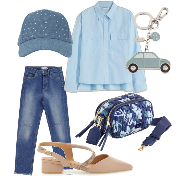 Outfit donna - Accessori glam. Stile Casual per Tutti i giorni. Abbinamento con camicie, cappelli, jeans dritti, décolleté, borse a tracolla, portachiavi.