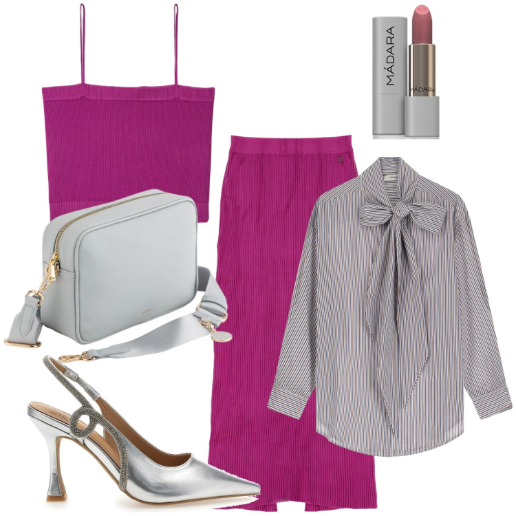 Outfit donna - Sfilata in fuxia. Stile Chic per Serata fuori. Abbinamento con rossetti, canottiere, camicie, gonne lunghe, décolleté, borse a tracolla.