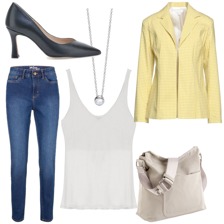 Outfit donna - Catherine. Stile Casual chic per Tutti i giorni. Abbinamento con jeans skinny, blazer, collane, canottiere, décolleté, borse a tracolla.
