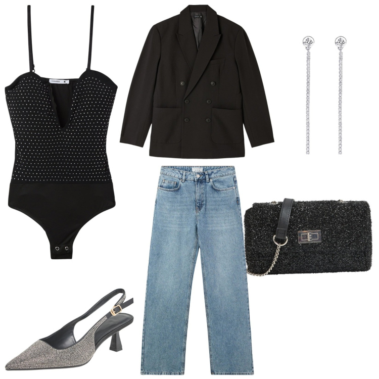 Outfit donna - Aperitivo chic. Stile Casual chic per Serata fuori. Abbinamento con body, borse a tracolla, giacche, décolleté, jeans, orecchini.