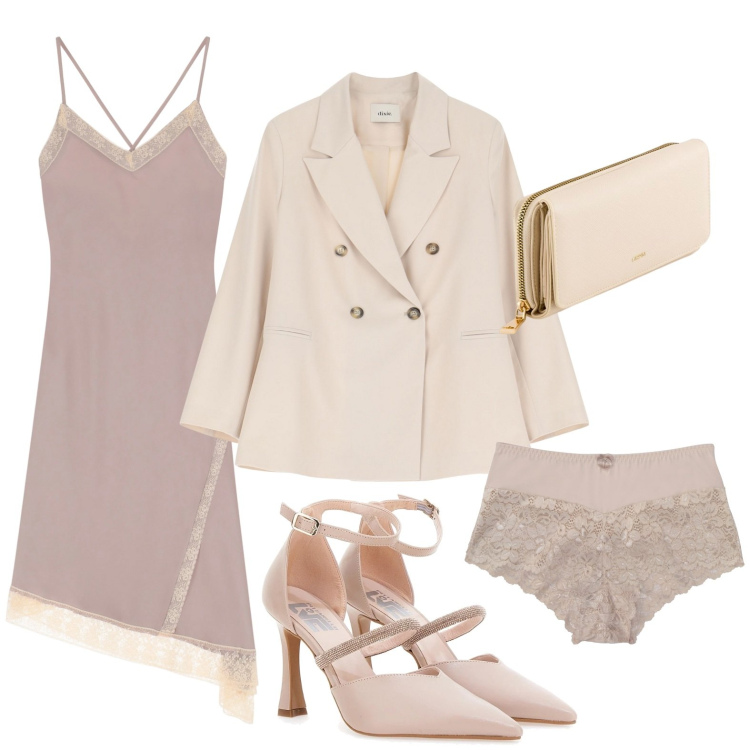 Outfit donna - Effetto cipria. Stile Chic per Serata fuori. Abbinamento con culotte, vestiti asimmetrici, blazer, décolleté, portafogli.