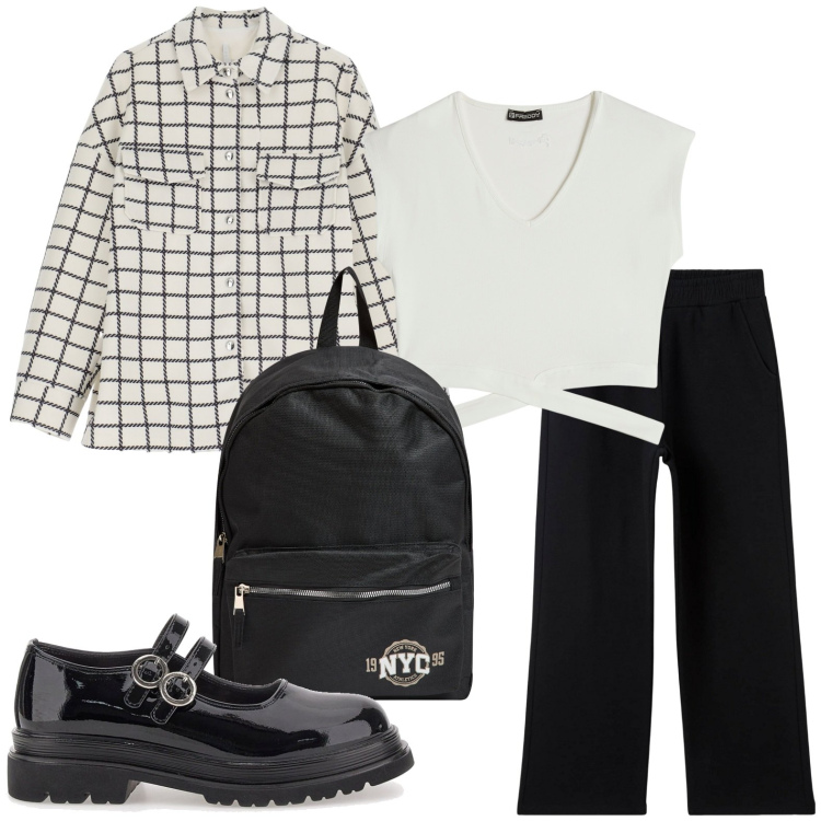 Outfit donna - Camicia con top. Stile Casual per Scuola/Università. Abbinamento con pantaloni, zaini, cappotti, t-shirt, mocassini.