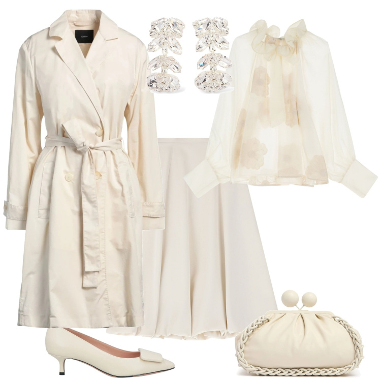 Outfit donna - Cerimonia evento serata. Stile Bon Ton per Serata fuori. Abbinamento con trench, décolleté, gonne longuette, bluse, pochette, orecchini.