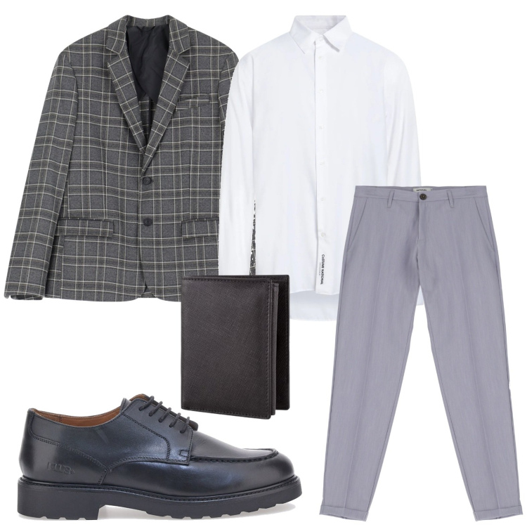 Outfit uomo - Business grey. Stile Urban per Ufficio. Abbinamento con camicie, giacche, pantaloni, scarpe stringate, portafogli.